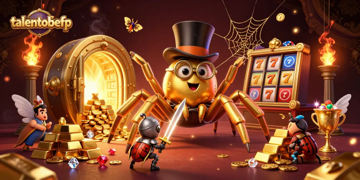 Experience the excitement of talentobefp as a giant golden tarantula weaves a web in a vibrant casino scene.