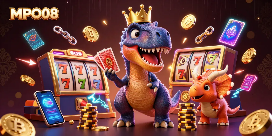 MPO08 engages players with exciting slots, featuring a 3D T-Rex shuffling cards and gold chips.
