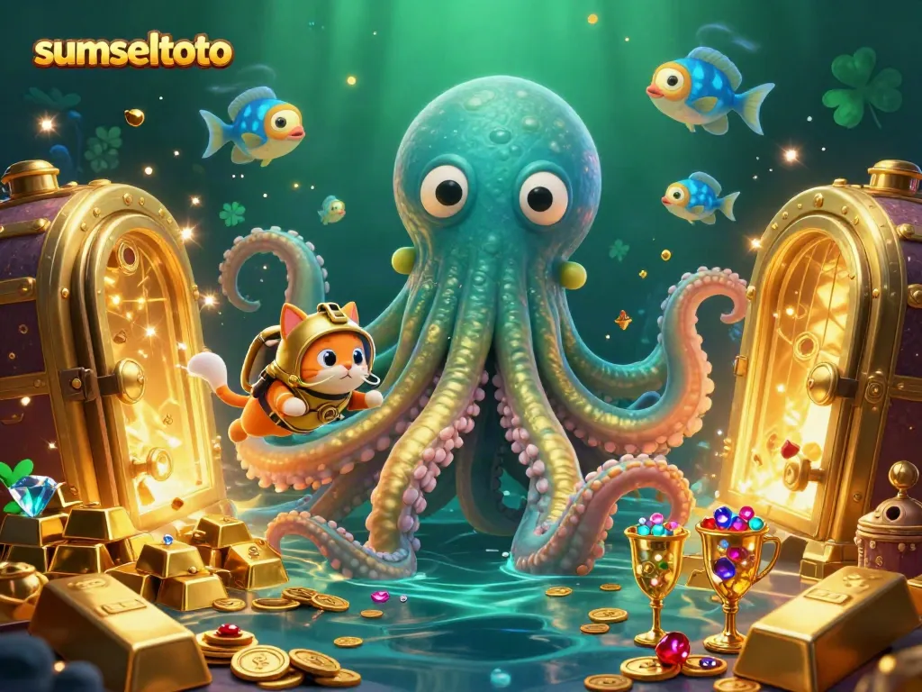Sumseltoto promotes a thrilling casino experience with a kraken and diving cat amidst treasure.