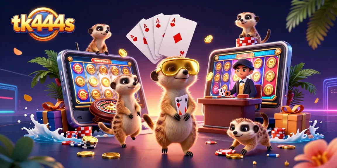Engage with tk444s' vibrant casino scene displaying adorable meerkats in action, showcasing dynamic gaming elements.
