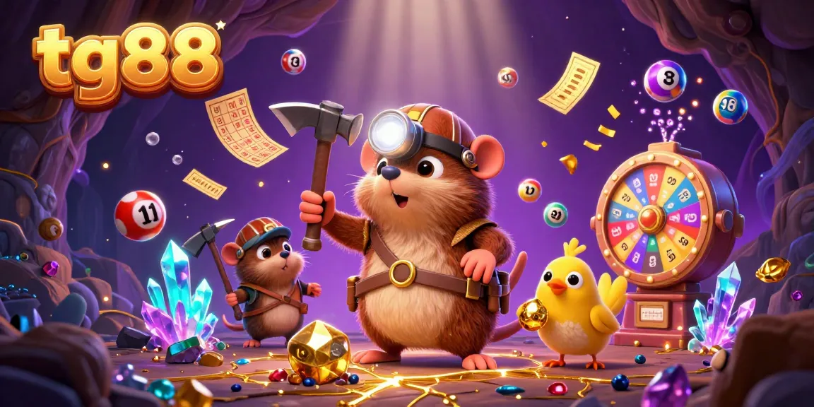 Engaging tg88 gambling scene with cartoon characters, dynamic lottery elements, and vibrant casino visuals.
