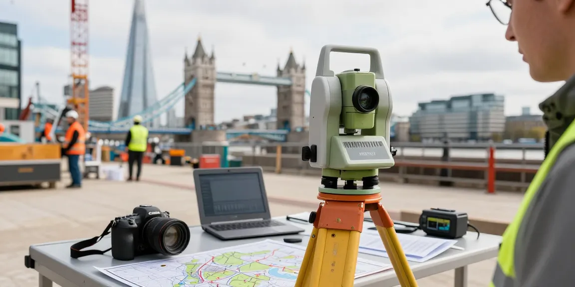 Surveyor using topographical land surveys London techniques on iconic construction site.