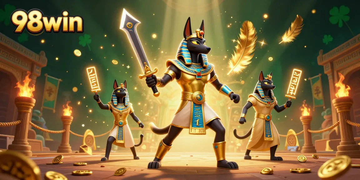 Experience the excitement of 98win with Anubis and Bastet surrounded by captivating game elements.