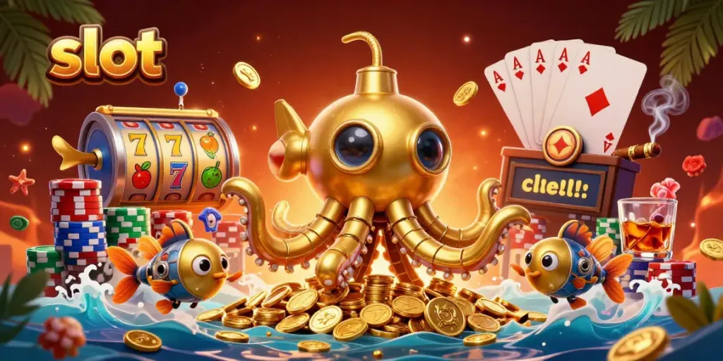Experience thrilling slot action with a golden kraken submarine amidst vibrant casino elements.