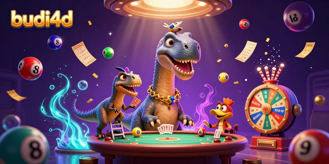 Engage with budi4d in a vibrant casino scene featuring a towering brontosaurus and dynamic gaming elements.