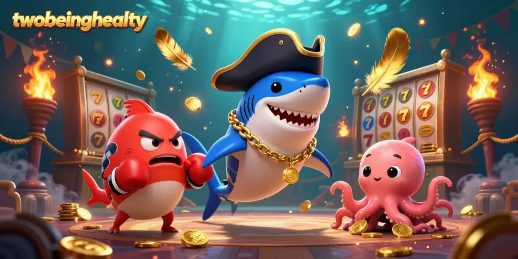 Engage with the thrilling slots action at twobeinghealty amid a colorful underwater casino scene featuring animated characters.