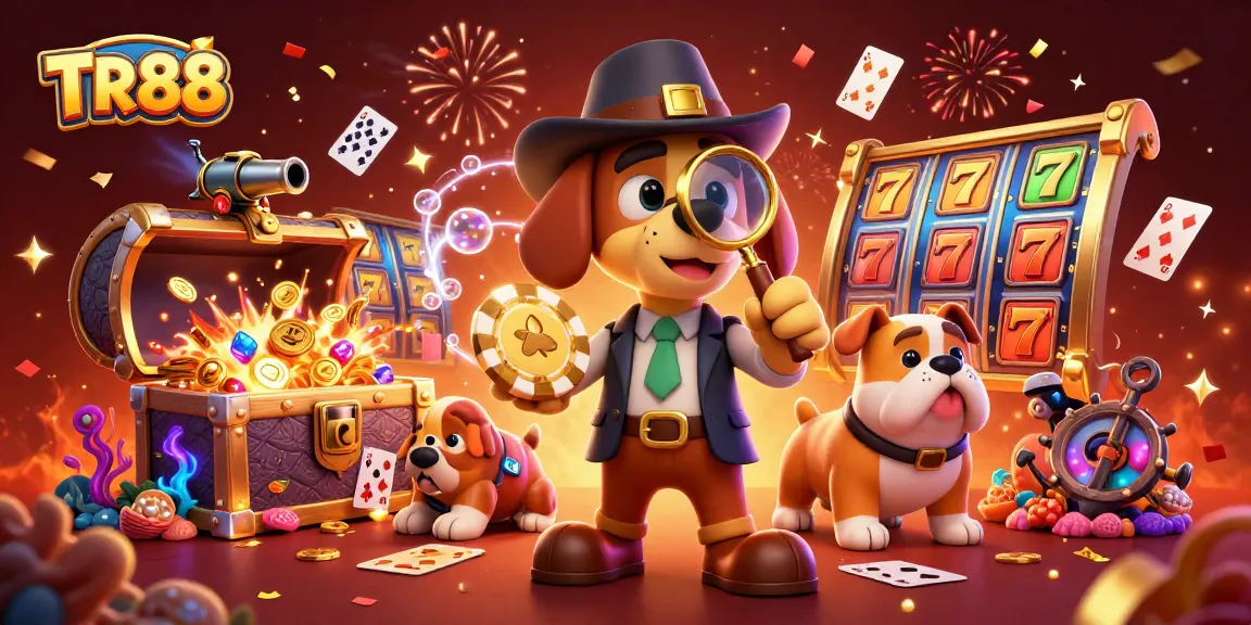 Engage in thrilling gameplay at TR88 with a detective discovering poker chips and lucky treasures.