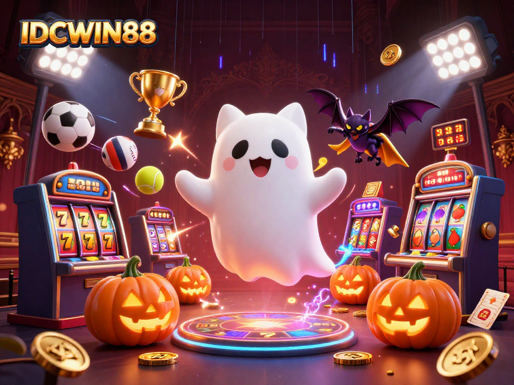Experience the thrill of IDCWIN88 with a playful ghost cat and vibrant casino elements.