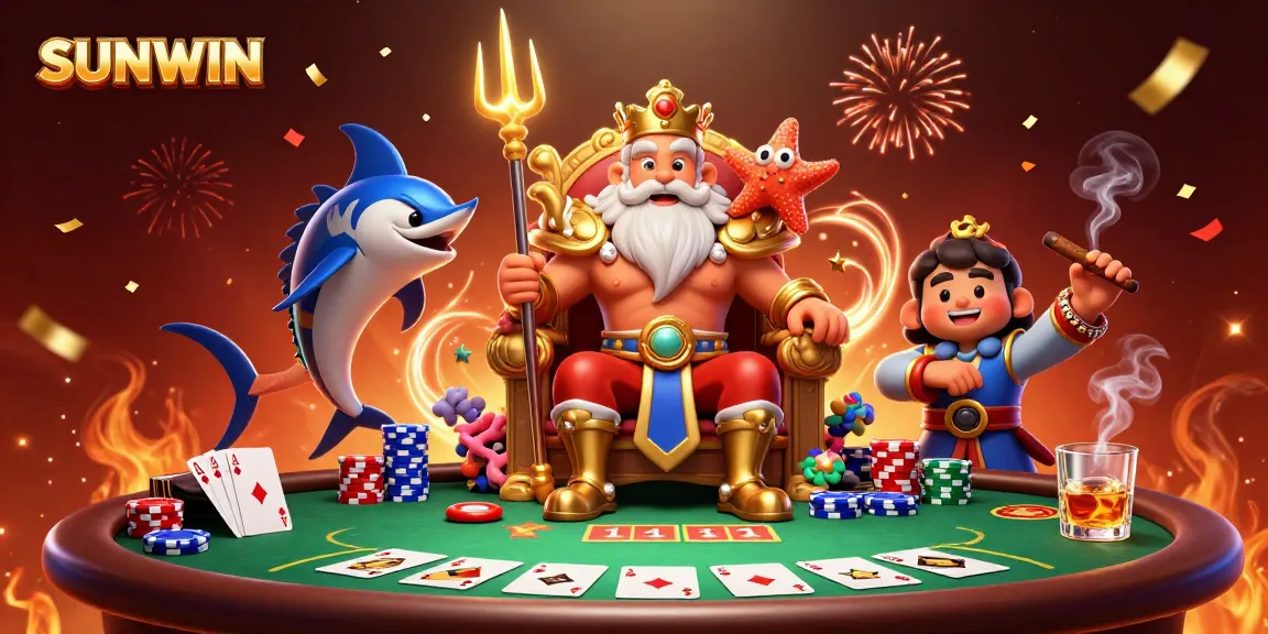 SUNWIN Casino magic unfolds with Neptune and poker elements in vibrant 3D cartoon art
