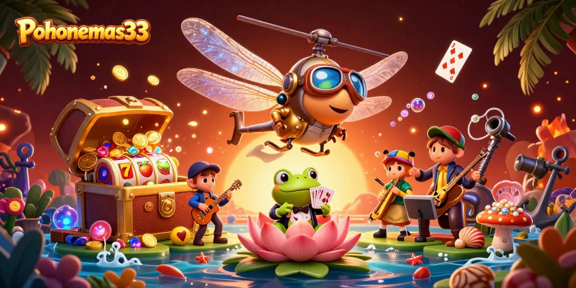 Pohonemas33 welcomes players to a vibrant jackpot casino scene featuring a dragonfly pilot and frog croupier.