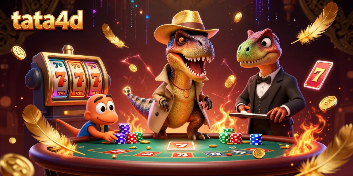 Tata4d's vibrant casino scene featuring a velociraptor card counter at a blackjack table surrounded by golden details.