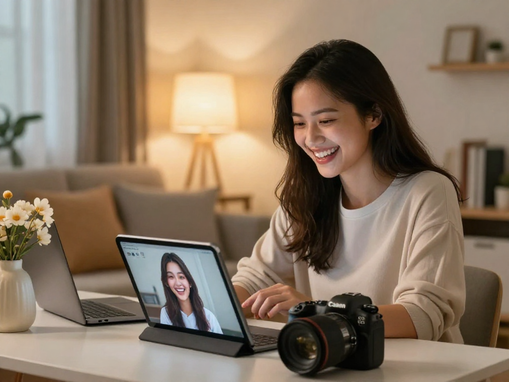 Young woman joyfully interacting with her AI girlfriend on a tablet in a cozy home office.