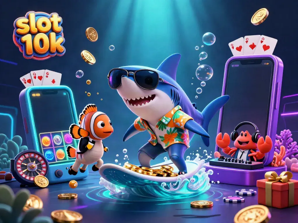 Engage with slot 10k through a vibrant underwater scene featuring gaming elements and energetic characters.