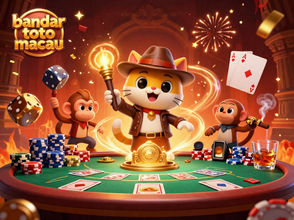 Engage with bandar toto macau at a festive scene featuring an adventurous archaeologist cat exploring a golden casino artifact.
