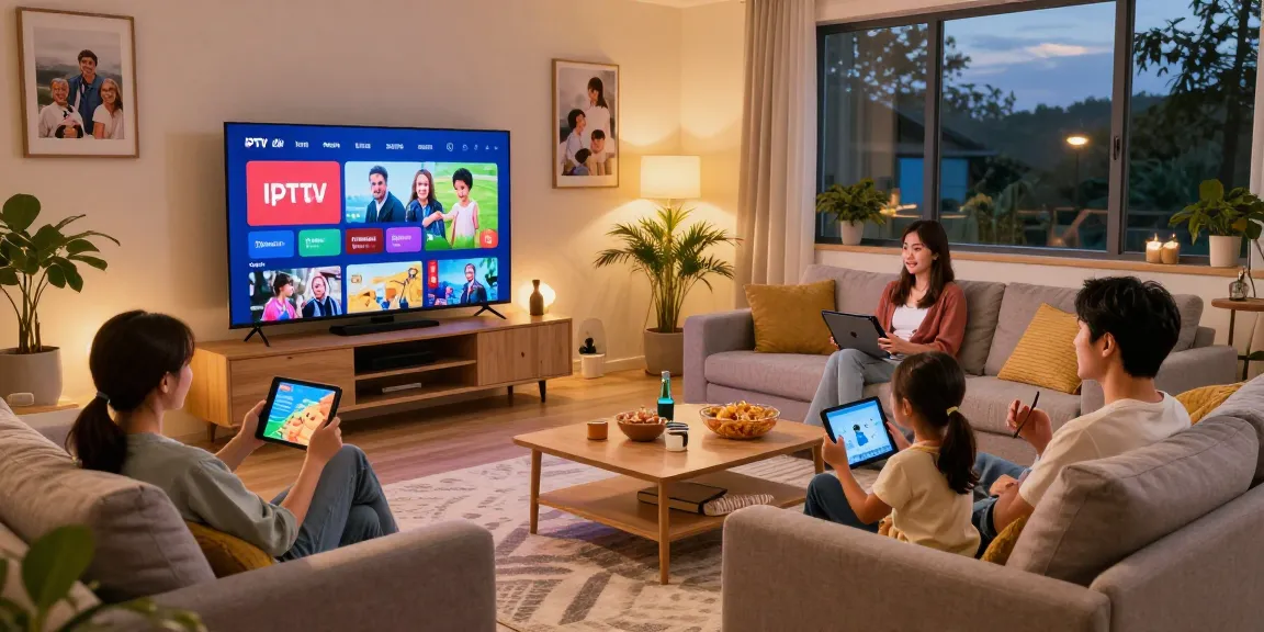 Family enjoying IPTV Norge in a cozy living room with smart TV displaying colorful content.