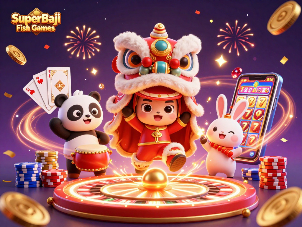 Engage in thrilling gameplay with SuperBaji Fish Games featuring vibrant characters, spinning reels, and festive elements.