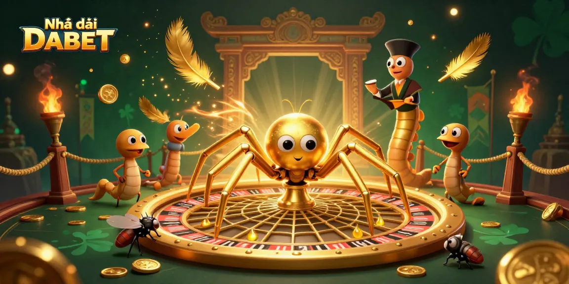 Bet on exciting games with Nhà cái DABET, featuring a giant roulette wheel web and engaging characters.