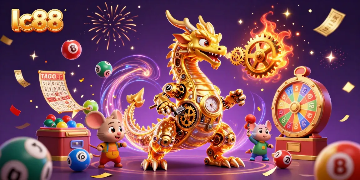 Experience thrilling gaming at lc88 with a dynamic scene featuring a golden dragon and vibrant lottery elements.