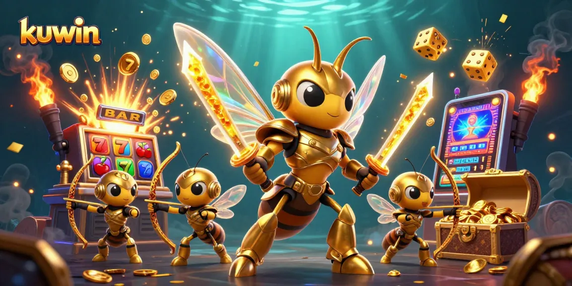 Kuwin's giant golden hornet samurai leads a vibrant casino adventure with slot machines and coins.
