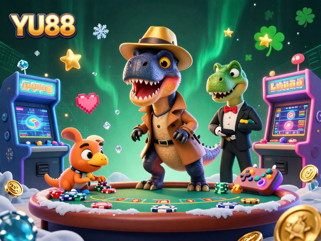 Experience thrilling gameplay at YU88 with cartoon dinosaurs in a vibrant casino scene.
