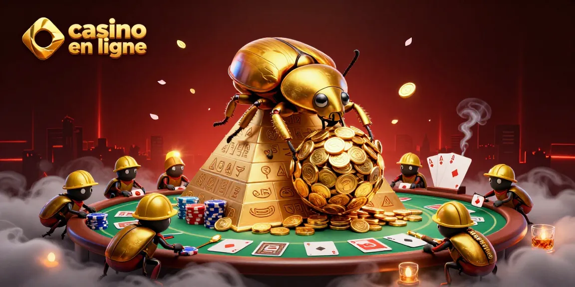Découvrez le casino en ligne avec un scarabée doré apportant des pièces, entouré d'éléments de jeux de poker.