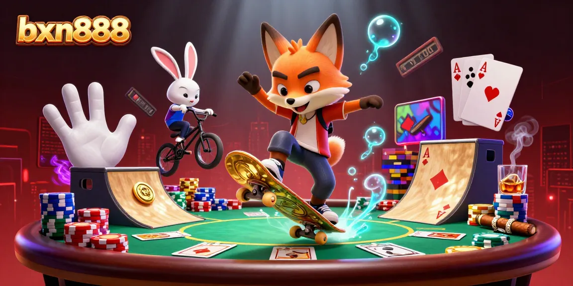 Bxn888 features a skateboard fox and BMX rabbit in a vibrant casino scene filled with poker elements.