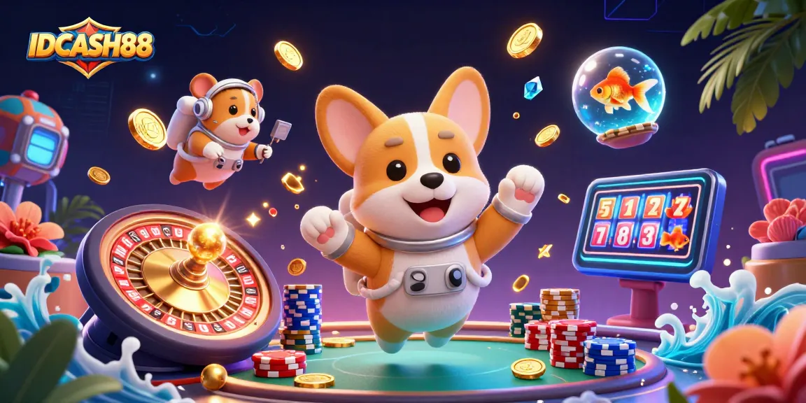 Experience excitement at IDCASH88 with a 3D floating casino scene of playful characters amidst drifting poker chips, coins, and vibrant gaming elements.