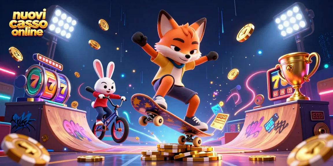 Unisci la tua fortuna nei nuovi casino online con un'immagine vivace di una volpe skateboarder e un coniglio BMX.