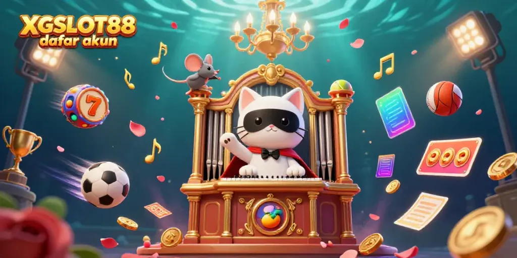 Menggunakan "XGSLOT88 daftar akun", ilustrasi kasino dengan karakter kucing putih bertopeng dan organ pipas berornamen, dikelilingi bola olahraga dan elemen permainan