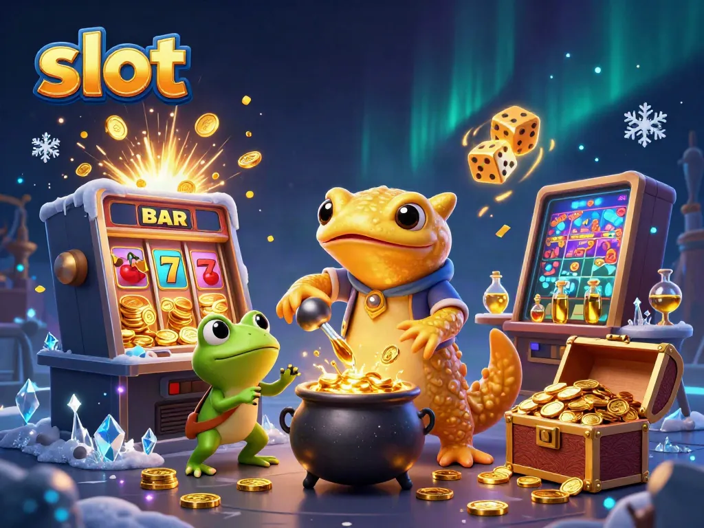Experience thrilling slot action with a golden salamander alchemist and jackpot excitement in this vibrant 3D illustration.