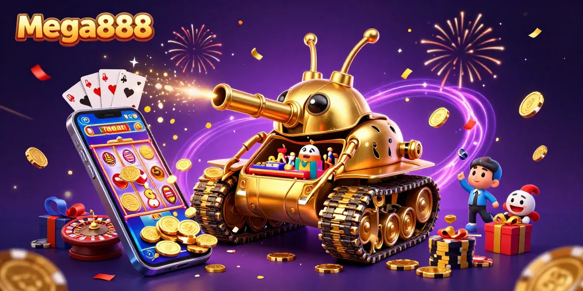 Engage in mega888 gaming with a vibrant 3D scene showcasing a golden beetle tank casino and thrilling gaming elements.