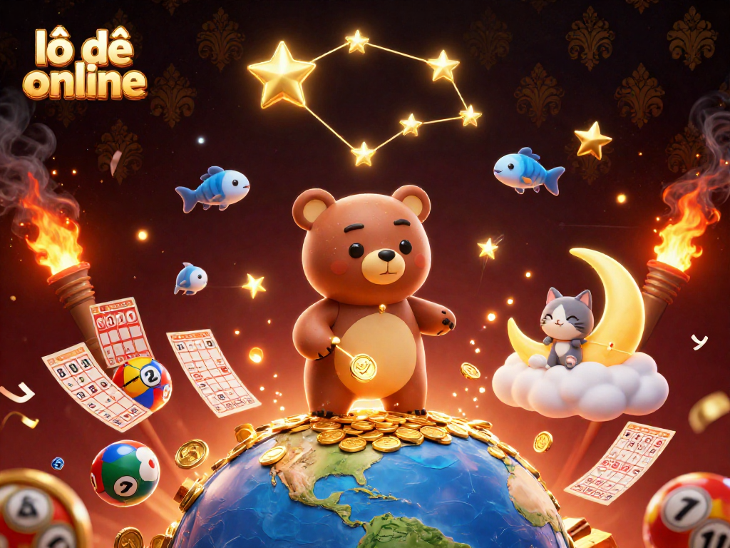 Engage with lô đề online as the whimsical bear scoops coins, surrounded by lottery elements.