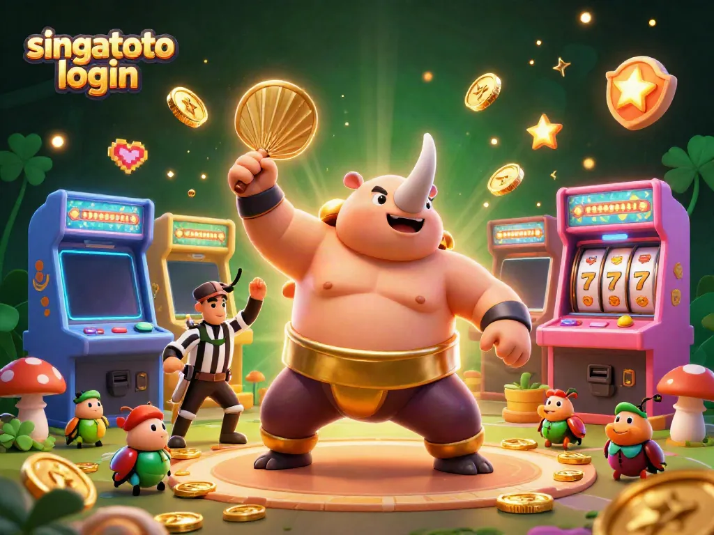 Experience the excitement of singatoto login with our vibrant 3D casino scene featuring a sumo beetle champion.