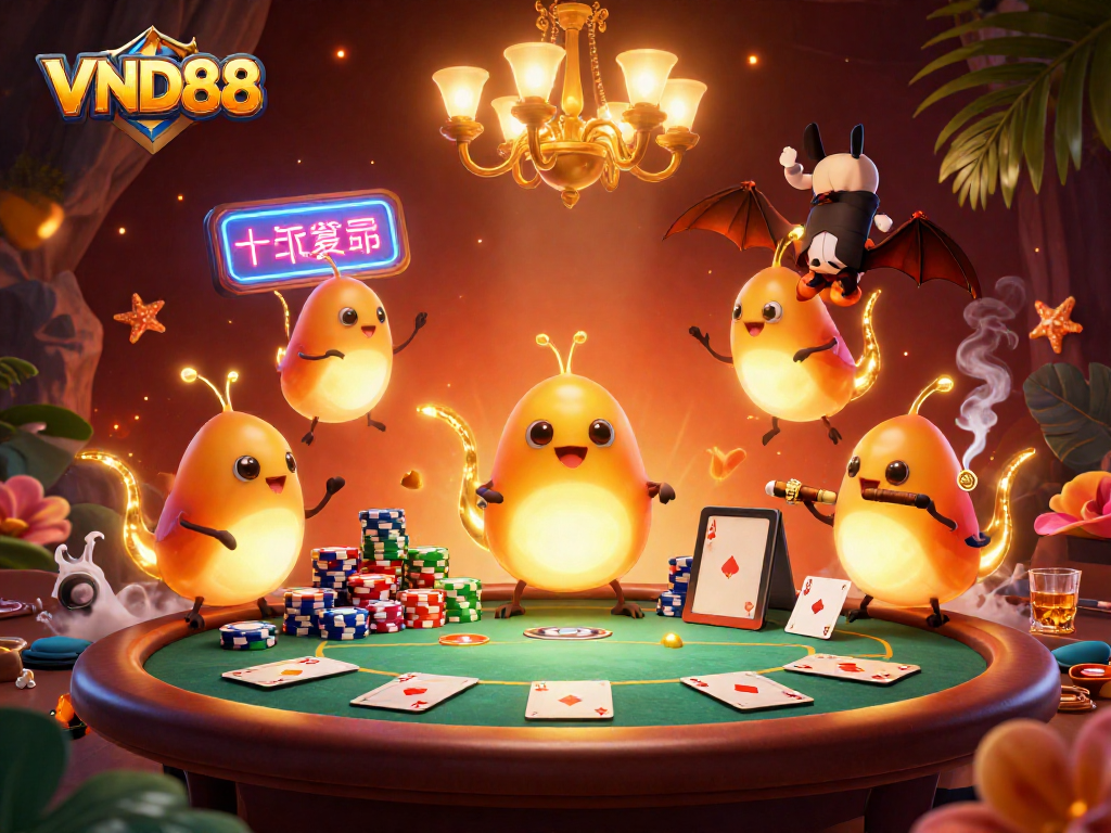 Experience thrilling poker action at VND88 with glowworms lighting the casino ambiance.