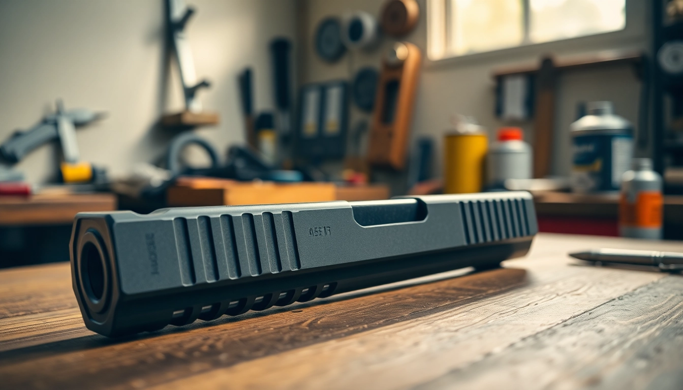 Showcasing the glock 43x mos oem slide on a workbench highlighting its quality features.