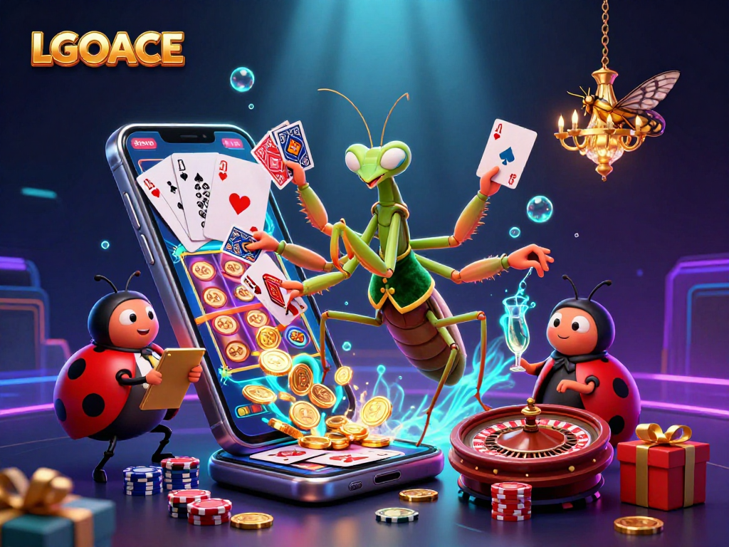 LGOACE showcases an exciting casino scene with a giant praying mantis dealer, ladybug pit boss, and dynamic gaming elements.