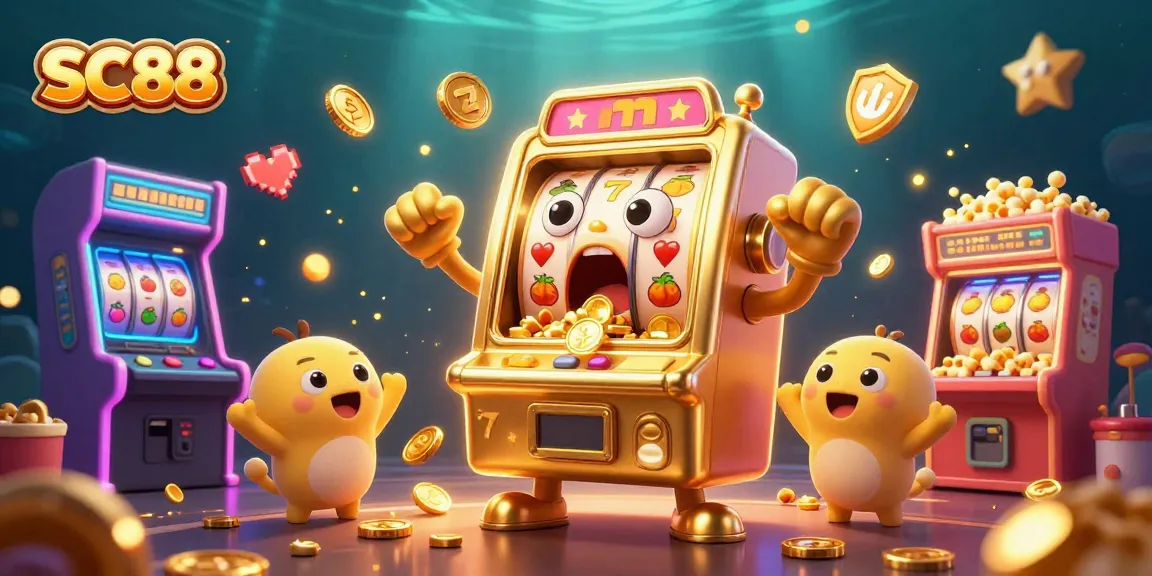 Engaging SC88 themed illustration showcasing vibrant casino elements and lively slot machine characters.
