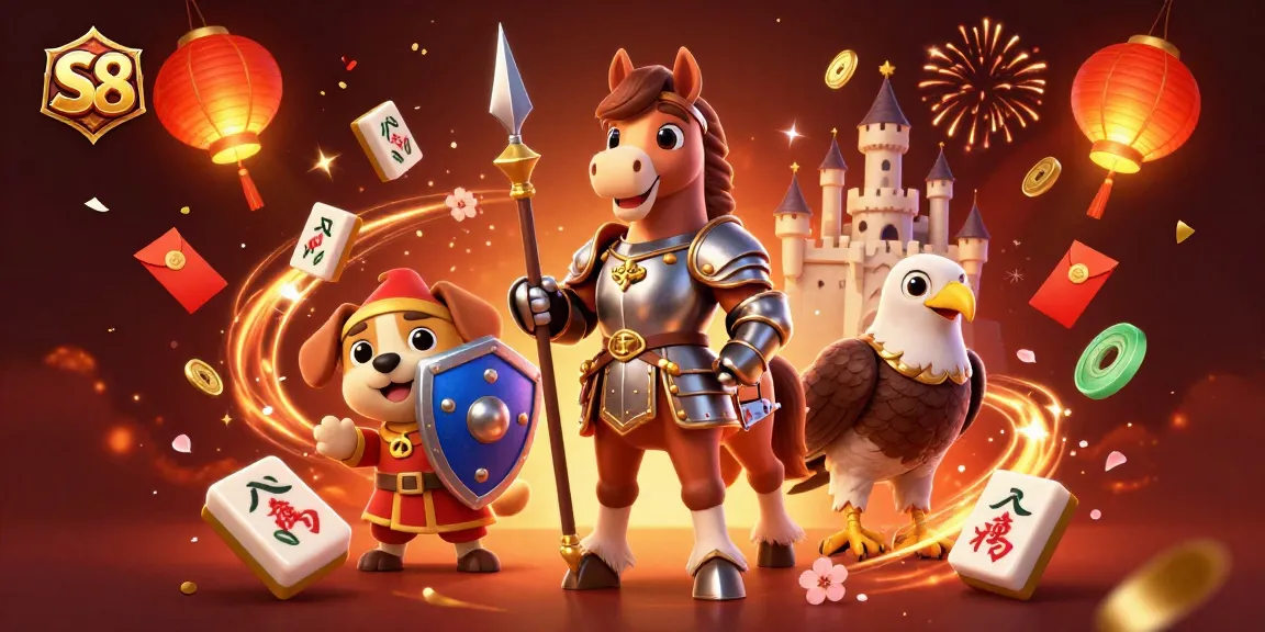 S8 casino presents a vibrant illustration of a knight, squire, and falcon amidst celebratory elements, showcasing gambling excitement.