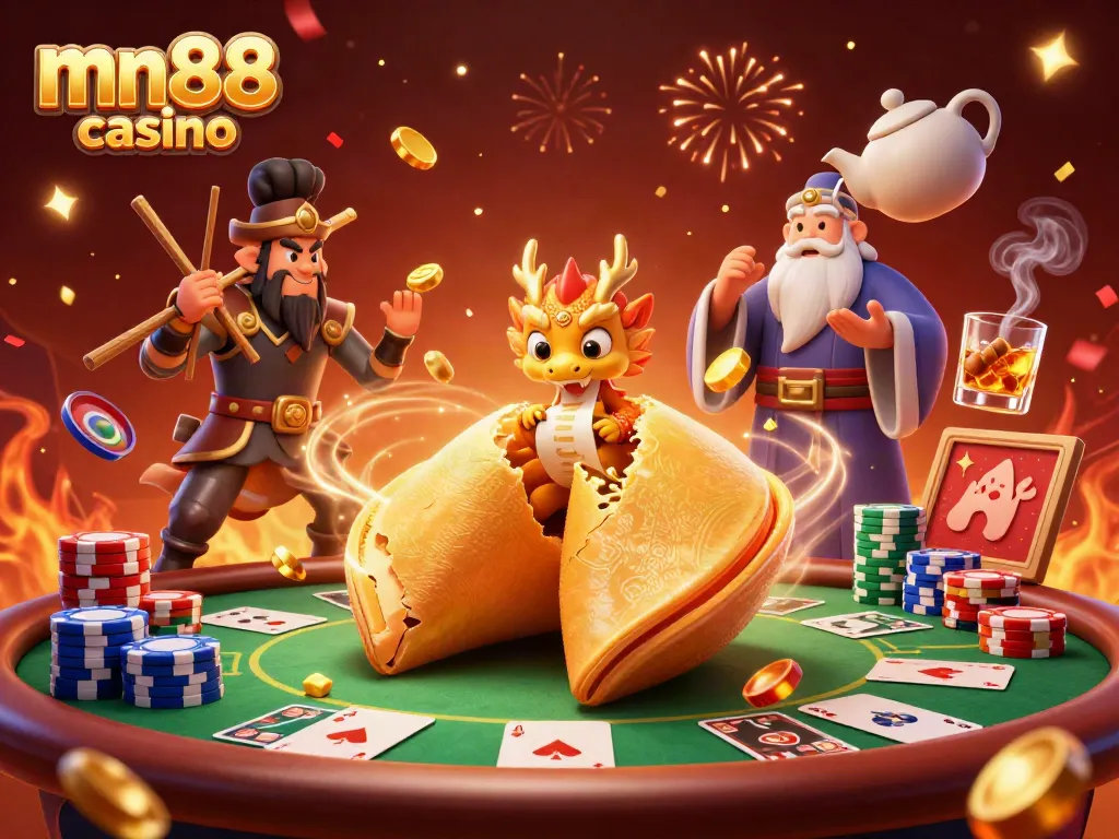Experience thrill and prizes at mn88 casino with a magical dragon and poker excitement from an enchanting scene.