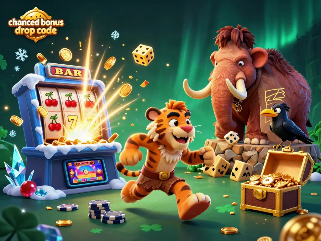 Engage with Chanced bonus drop codes in a vibrant, cartoonish casino adventure illustration.