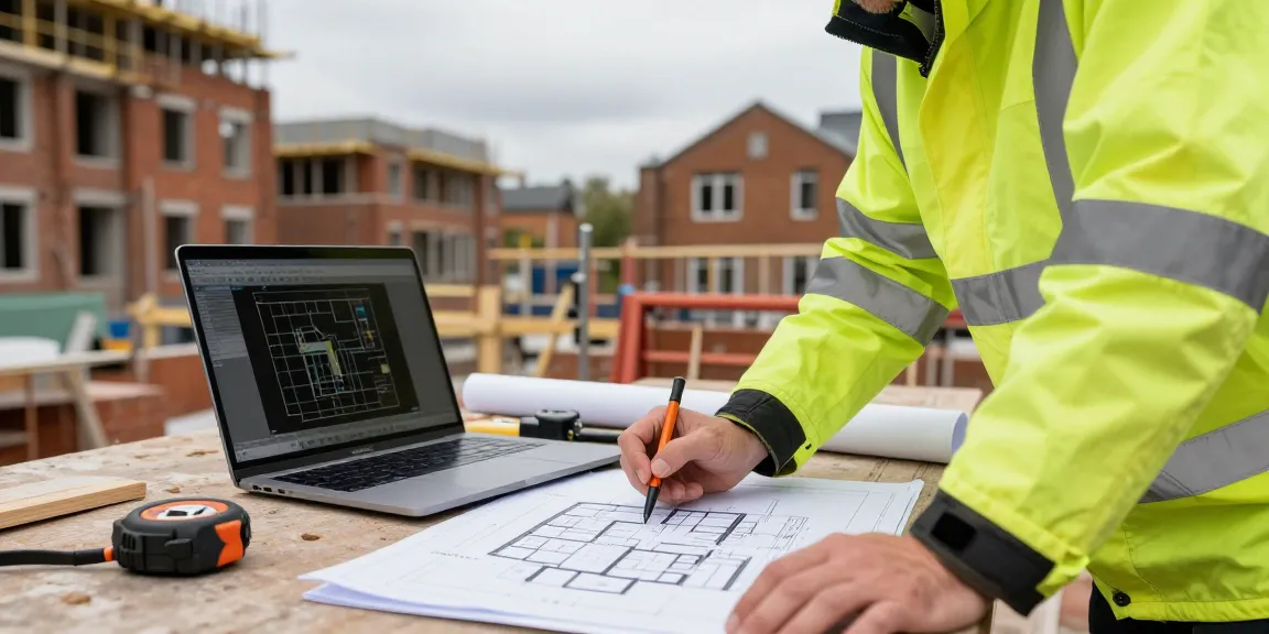 Measured building surveyors accurately analysing construction plans at a busy urban site.