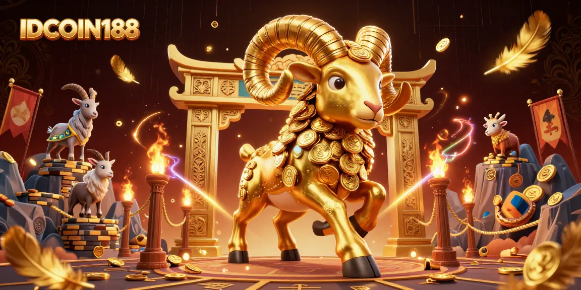 Experience the thrill of IDCOIN188 in a vibrant 3D casino scene featuring a golden ram charging through a majestic gateway.