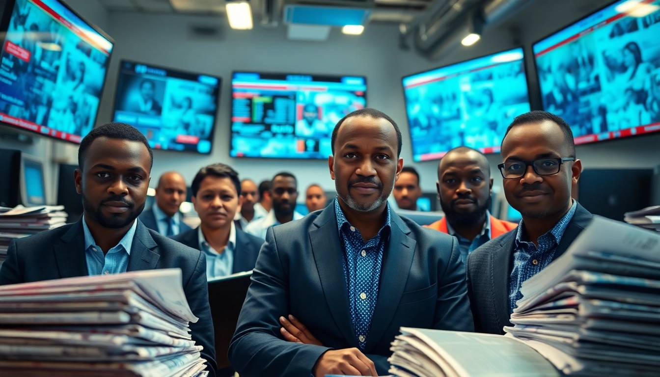 Nigerian Newspapers being actively edited in a dynamic newsroom environment.