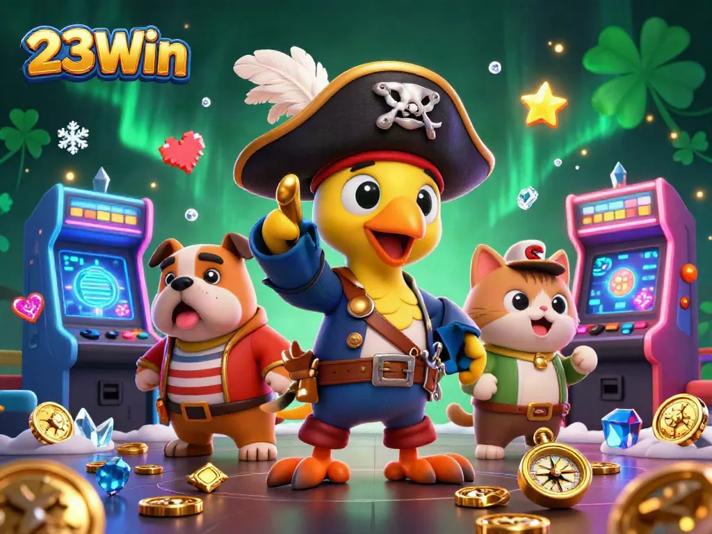 Engage with 23Win's vibrant casino world featuring pirate captain and arcade elements.