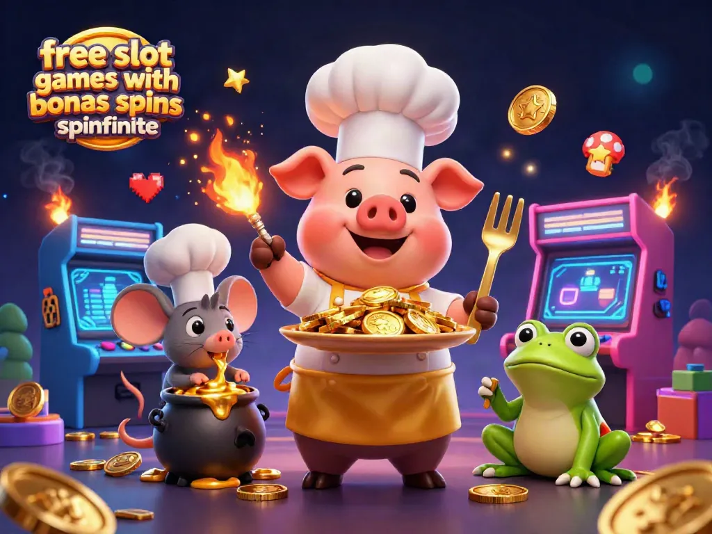 Play free slot games with bonus spins spinfinite amidst colorful cartoon characters and vibrant casino elements.