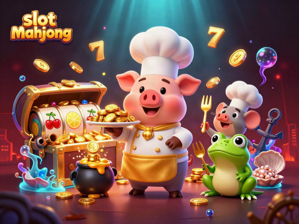 Slot mahjong scene with a cartoon chef pig, sous-chef mouse, and critic frog amidst vibrant casino elements.