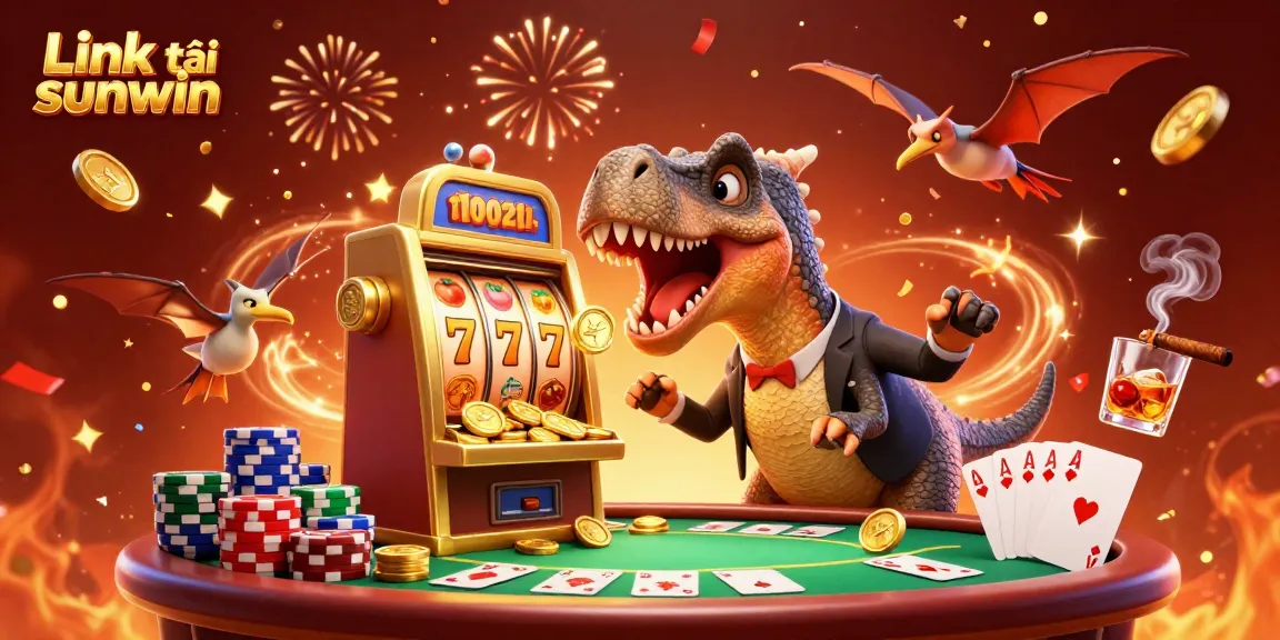 Spin to win with Link tải sunwin as a cartoon dinosaur interacts whimsically with a jackpot slot machine.