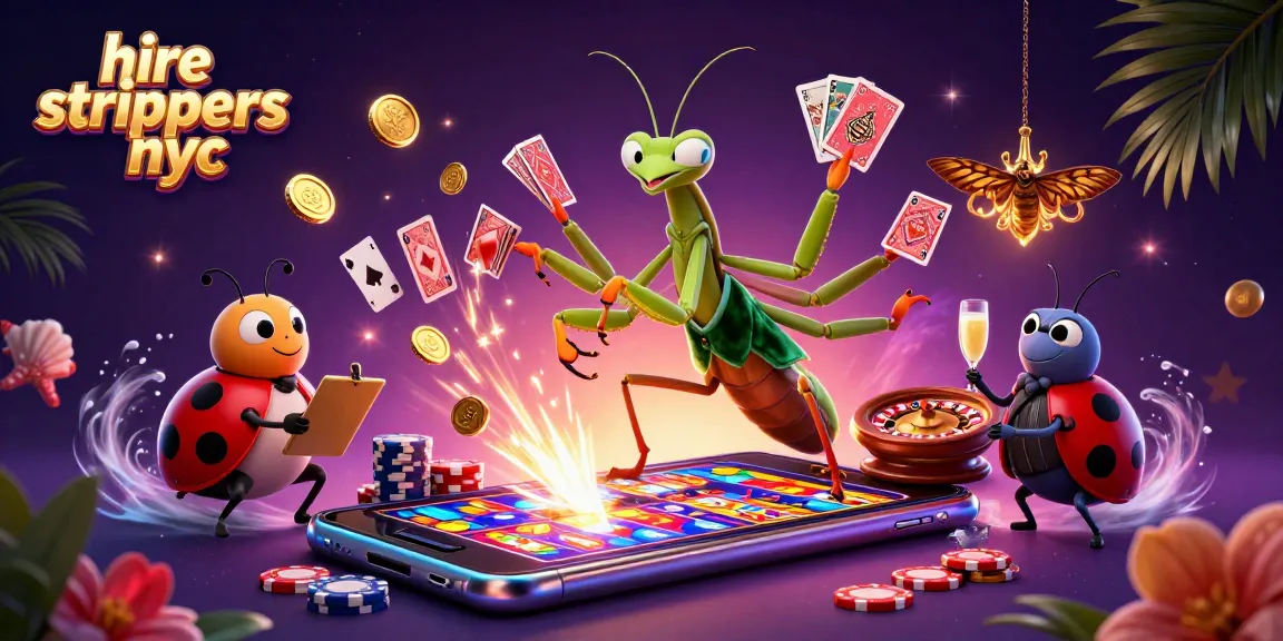 Hire strippers nyc offers a vibrant casino-themed scene with animated characters and gaming elements.