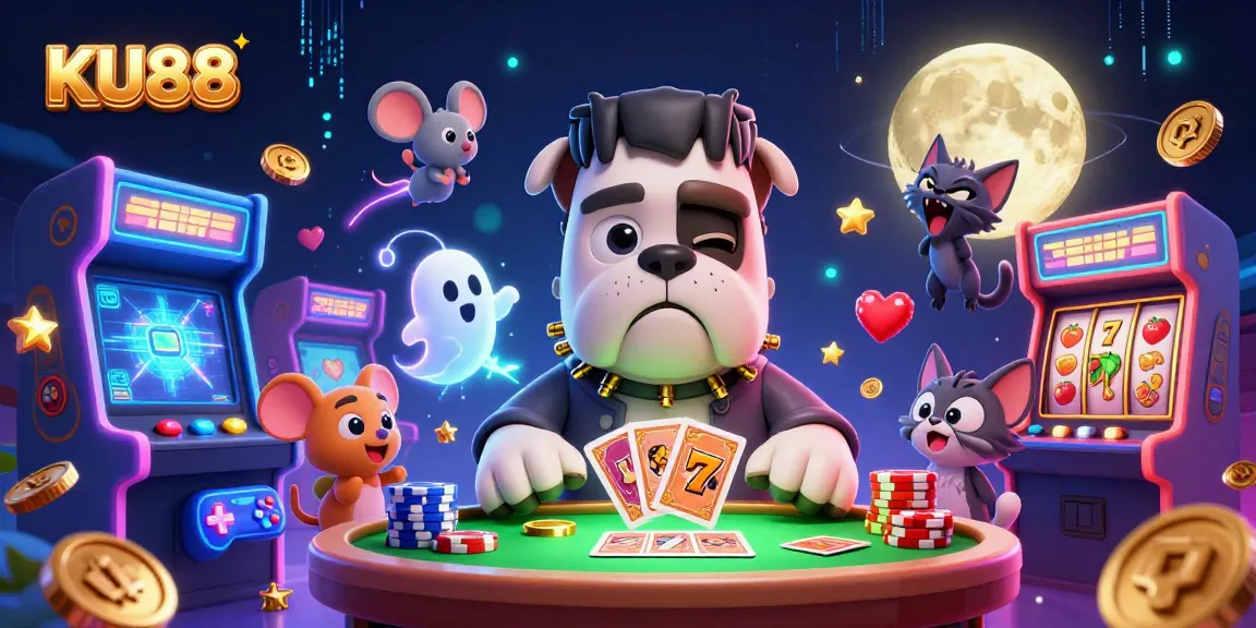 Engaging KU88 illustration showing a bulldog monster dealing cards at a casino table with vibrant slot reels.