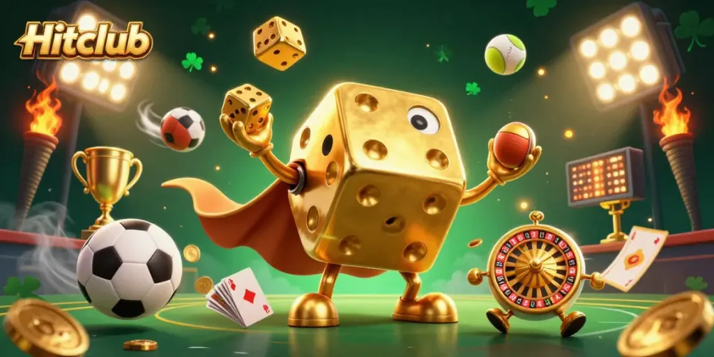 Engage in exciting gameplay at Hitclub with dynamic golden dice and vibrant sports elements.